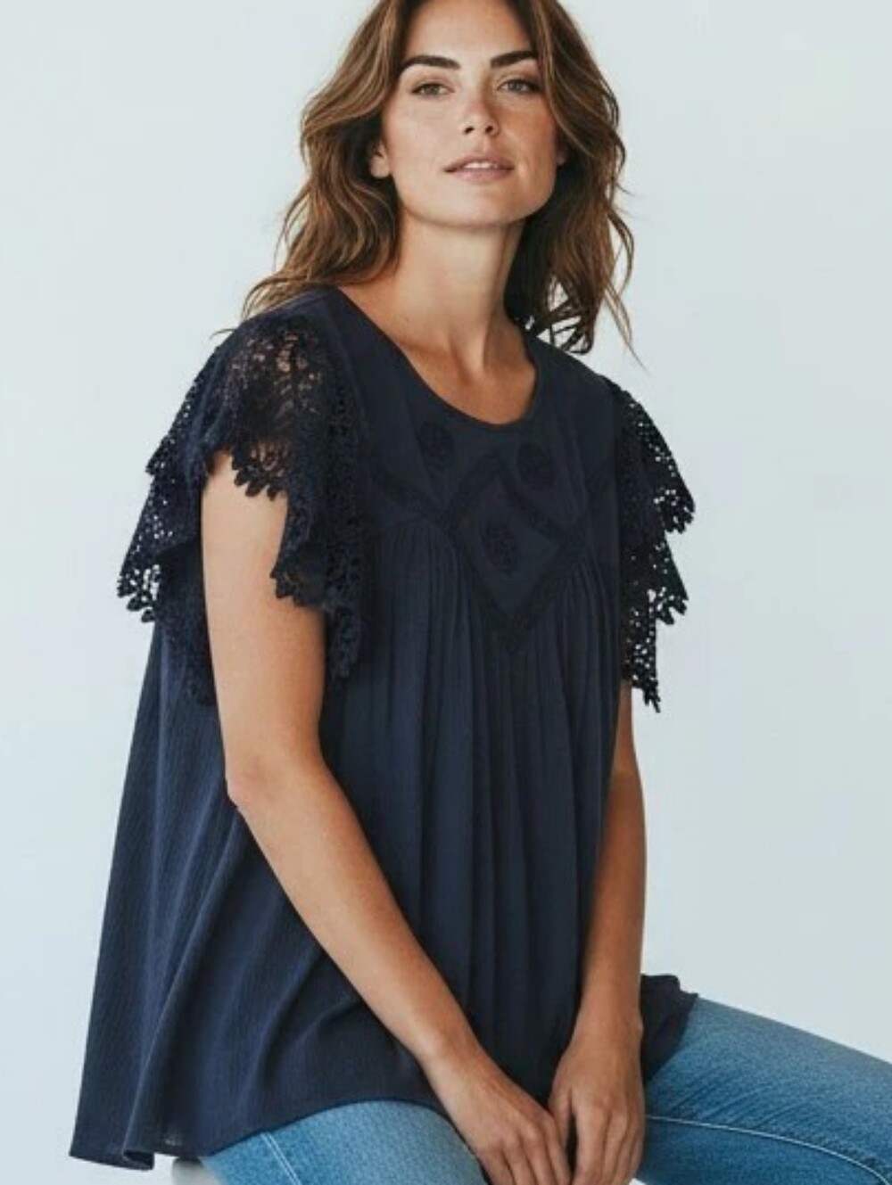 Crown & Ivy Lace Flutter Sleeve Navy Top